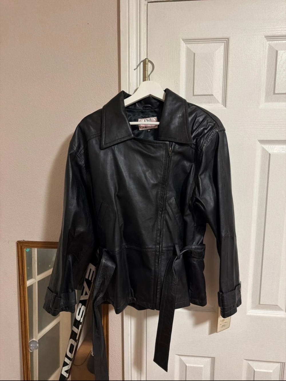 Women's Black Leather Belted Jacket
